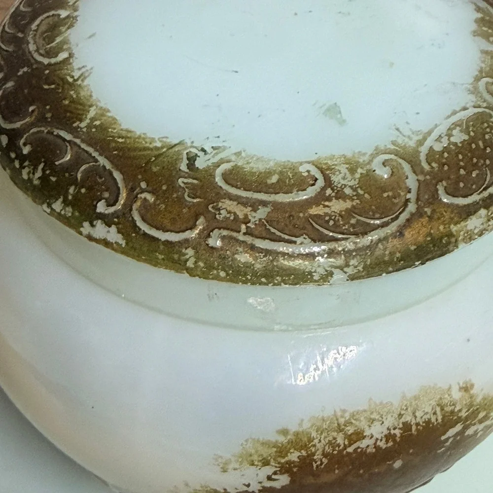 Antique Milk Glass Vanity Set Green Gold Painted Trinket Jar and Tray